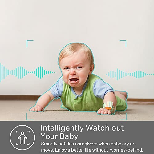 Crying baby on the floor with sound wave graphics.