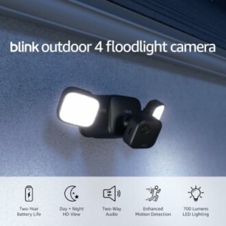 Blink Outdoor 4 floodlight camera with features: two-year battery life, day and night HD view, two-way audio, enhanced motion detection, 700 lumens LED lighting.