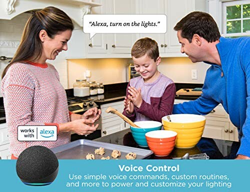 Family in kitchen using Alexa for voice control with smart speaker.