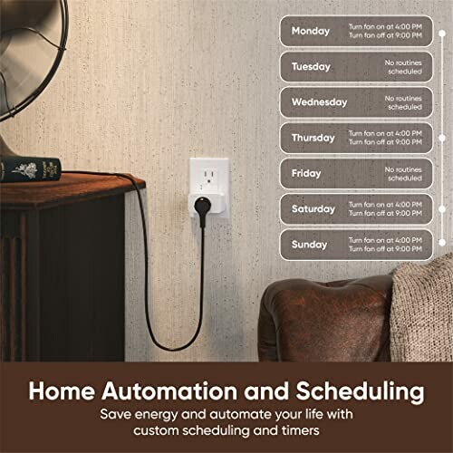 Home automation schedule shown next to a smart plug in a living room, demonstrating its scheduling capabilities.