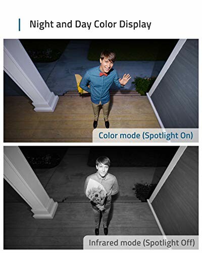 Two images showing a person on a porch captured by a camera in color mode with spotlight on, and infrared mode with spotlight off.