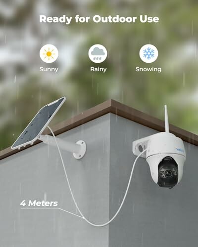 Outdoor security camera with weather icons for sun, rain, and snow.