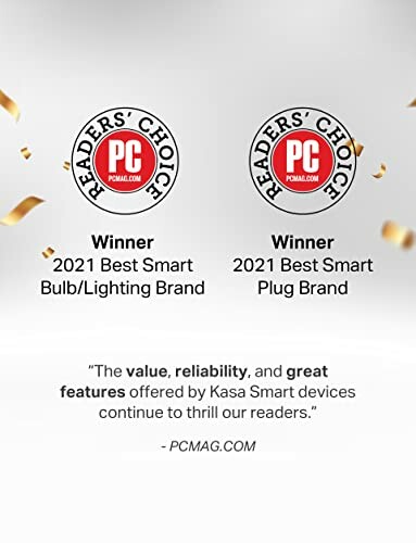 PCMag Readers' Choice 2021 Best Smart Bulb and Plug Brand awards for Kasa Smart.