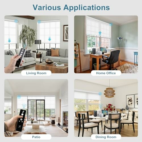 Smart blinds shown in living room, home office, patio, and dining room.