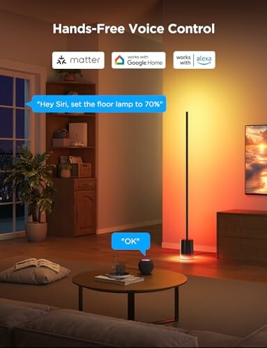 Living room with smart floor lamp and voice control options.