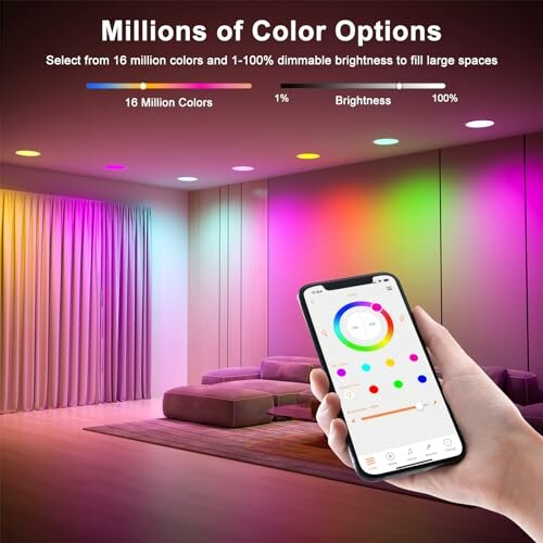 Smartphone controlling colorful LED room lighting.