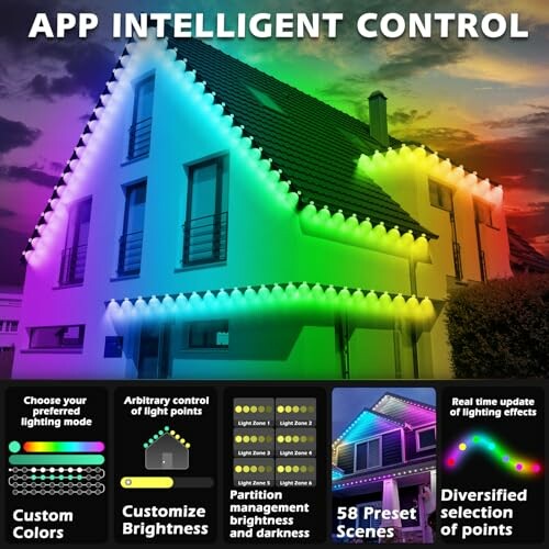 House with app-controlled intelligent lighting in various colors and effects.