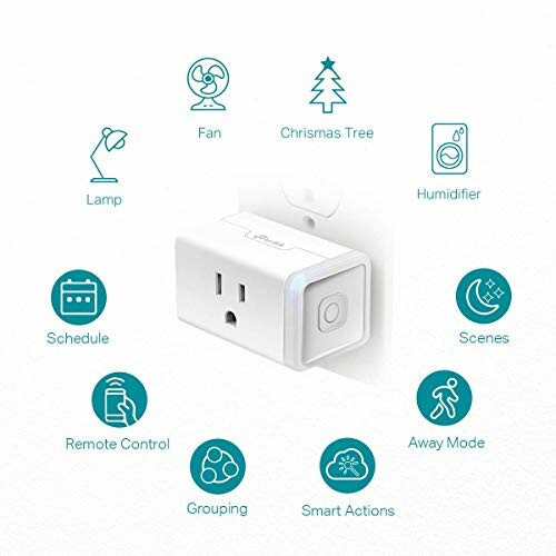 Smart plug with control options including lamp, fan, Christmas tree, humidifier, schedule, scenes, remote control, grouping, smart actions, and away mode.