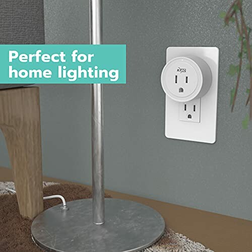 Smart plug in wall outlet near a lamp with text 'Perfect for home lighting'.