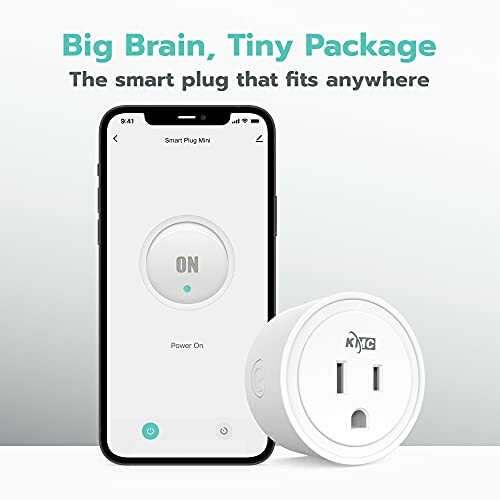 Smart plug and mobile app interface displaying 'ON' status.