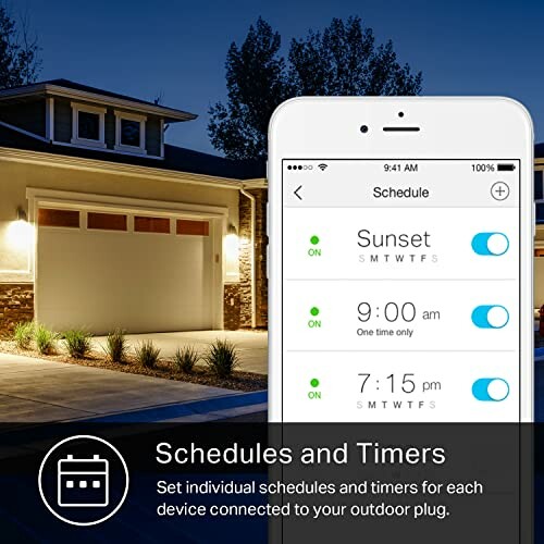 Smartphone displaying smart plug scheduling app in front of a house.