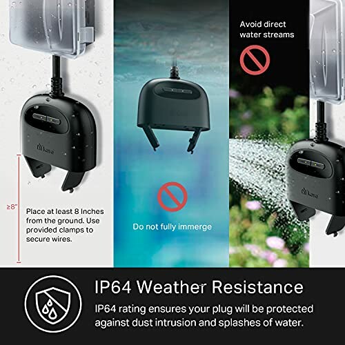 Smart plug with IP64 weather resistance features and installation guidance.