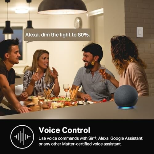 People using a smart speaker to dim the lights at a dining table.