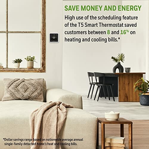 Living room with T5 Smart Thermostat promoting energy savings.