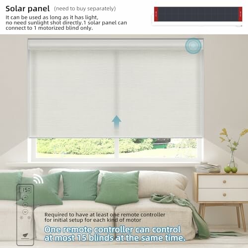 Motorized blinds with solar panel and remote control setup.