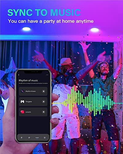 Group of people dancing with colorful lights and music app on phone.