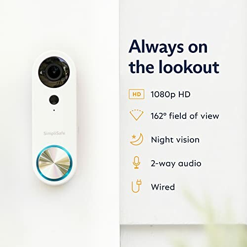 SimpliSafe video doorbell with features: 1080p HD, 162-degree view, night vision, 2-way audio, wired.