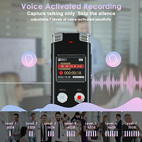 Voice activated recorder with adjustable sensitivity levels.