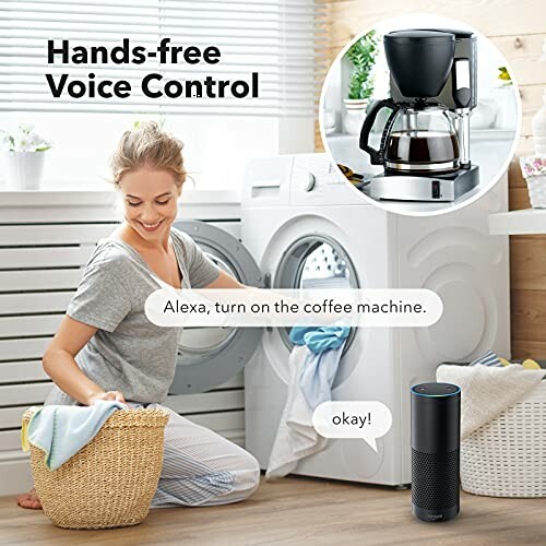 Woman using voice control for a coffee machine near a washing machine.