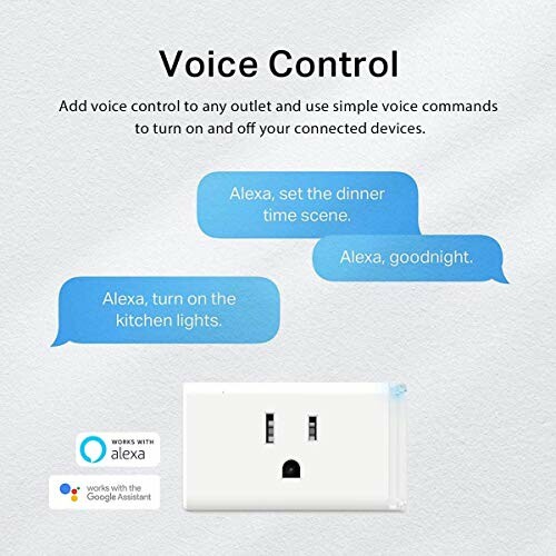 Smart outlet with voice control compatibility for Alexa and Google Assistant.