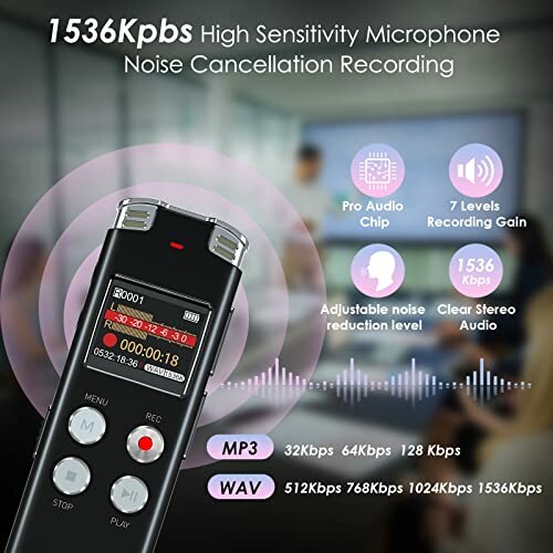 Digital voice recorder with noise cancellation and recording features.