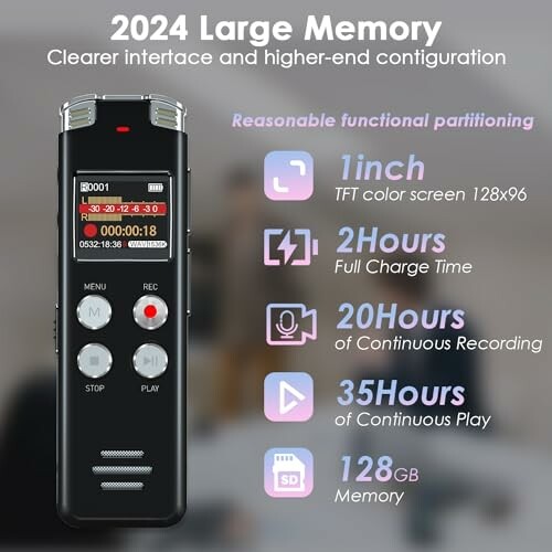 Digital voice recorder with large memory, TFT color screen, and long battery life.