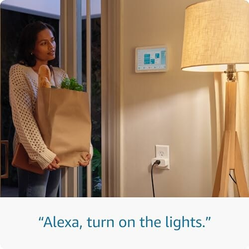 Woman holding groceries, using smart home assistant to turn on lights