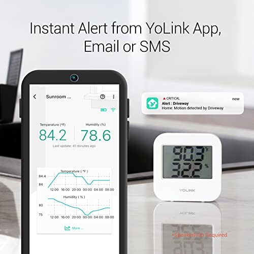 YoLink app showing temperature and humidity alerts on phone and device.