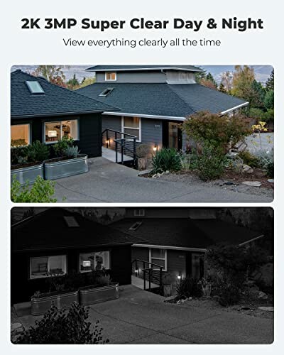 Comparison of house images in day and night showcasing 2K resolution clarity.