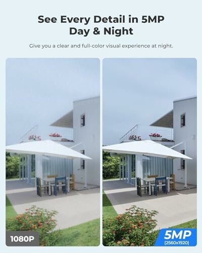 Comparison of 1080P and 5MP camera images showing a house exterior with an umbrella and chairs.