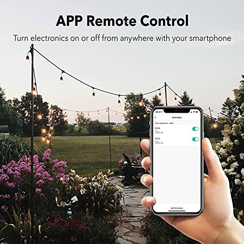 Hand holding smartphone with app for remote control of outdoor lights.