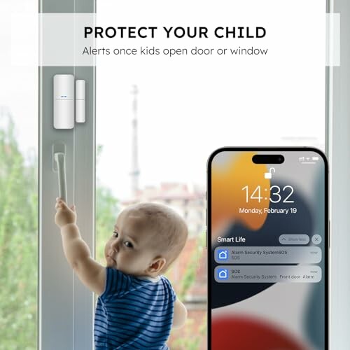 Child reaching for door handle with phone alert system.