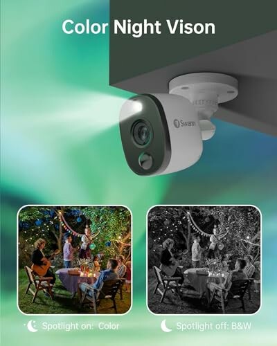 Security camera showcasing color night vision with spotlight on and off comparisons.