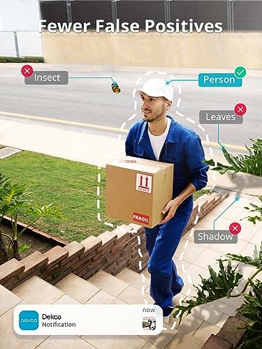 Delivery man carrying a box with labels indicating fewer false positives from objects like insects, people, leaves, and shadows.