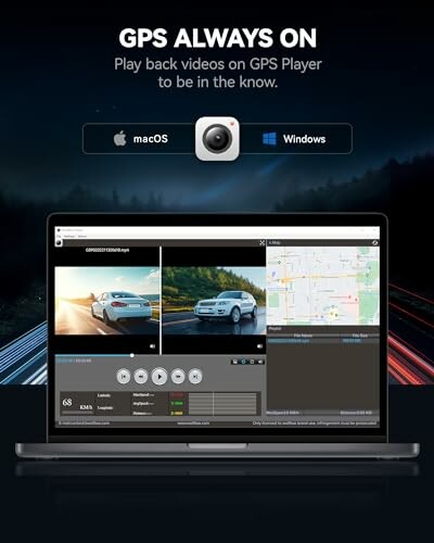 Laptop displaying GPS video playback software with car footage and map.