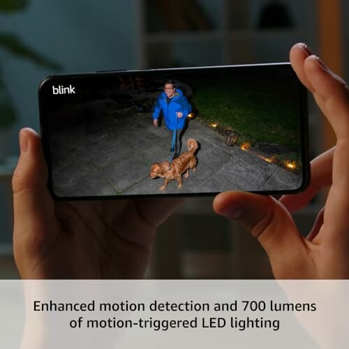 Person holding smartphone displaying a motion-detection camera view with a dog and person at night