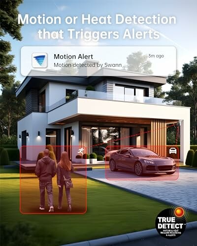 Motion detection alert at a modern house with a car and people highlighted.