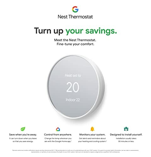 Nest Thermostat advertisement with features and benefits.