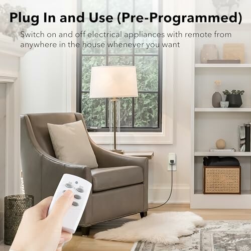 Person using remote to control electrical appliances in a cozy living room.