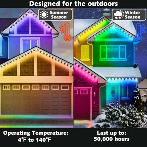 House with LED lights in different colors showing summer and winter settings.