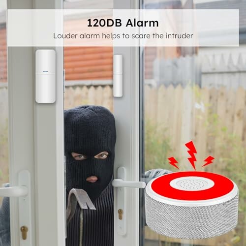 Burglar attempting to enter through door, alarm system in place.