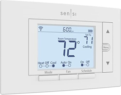 Sensi smart thermostat displaying temperature and settings.