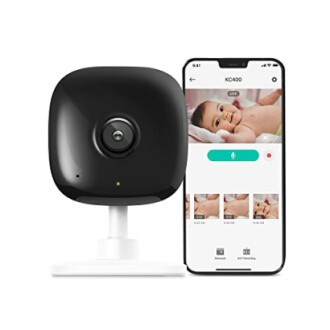 Smart baby monitor camera with smartphone app displaying live video feed.