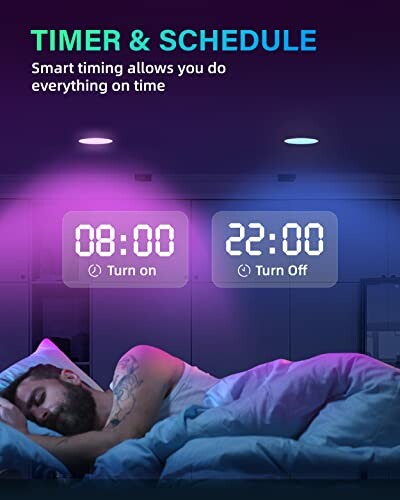 Person sleeping with smart lighting timer and schedule display.