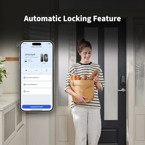 Person holding basket of bread near door with smart lock and phone app display.