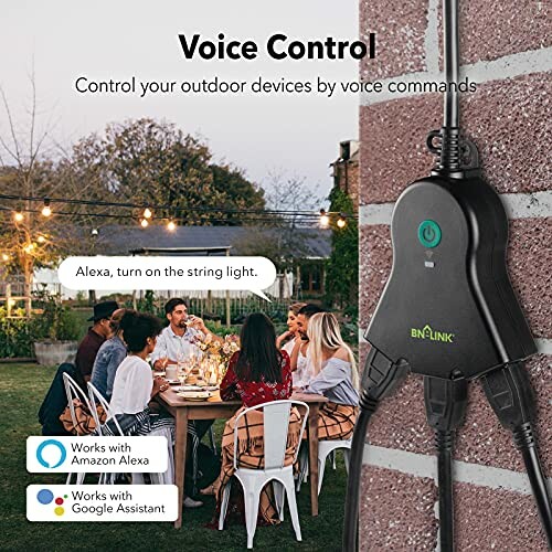 Outdoor smart plug with voice control for Amazon Alexa and Google Assistant, connected to string lights near a dining table.