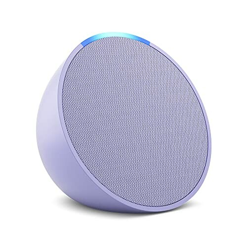 A round, purple smart speaker with a mesh front and blue light.