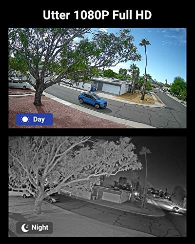 Comparison of day and night views from Utter 1080P Full HD camera showing a street with parked cars and trees.