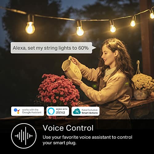 Woman using voice control with Alexa to adjust string lights while watering plants.